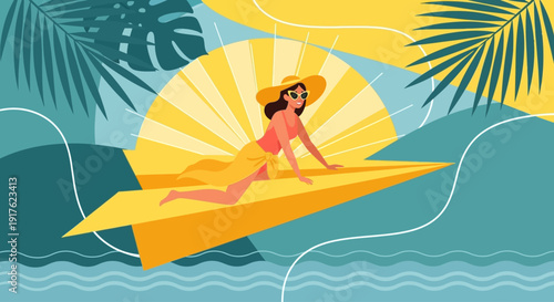 Woman riding a paper boat on calm waters surrounded by tropical leaves and a vibrant sun