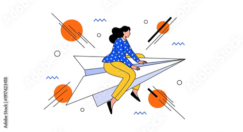 Woman sitting on a paper airplane flying through space surrounded by planets and stars