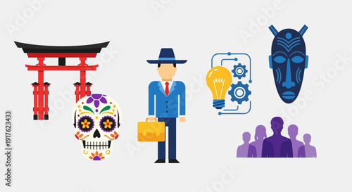 A businessman stands beside cultural icons and abstract representations of innovation and community in a modern illustrative style