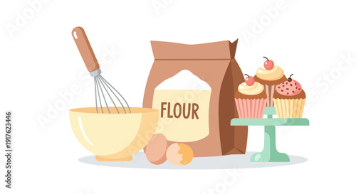 Baking scene with flour, cupcakes, whisk, bowl, and stand on a table