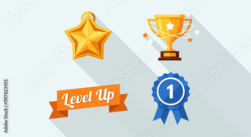 A collection of achievement symbols including a star trophy and ribbon displayed prominently against a light background from a straightforward viewpoint