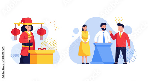 Illustration of people celebrating culture with traditional clothing and gift giving at a festive event from a front viewpoint