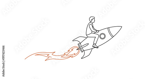 A person riding a rocket with intense flames shooting out, vector illustration