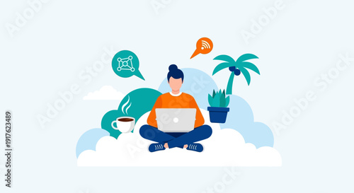 Man working on laptop surrounded by tropical elements and communication symbols on clouds
