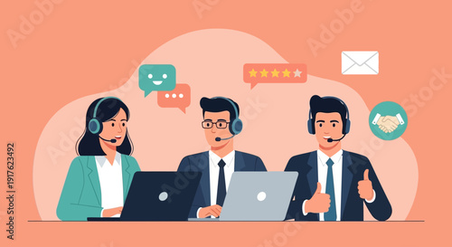 Customer service representatives working together at a desk with laptops and headsets in a collaborative environment