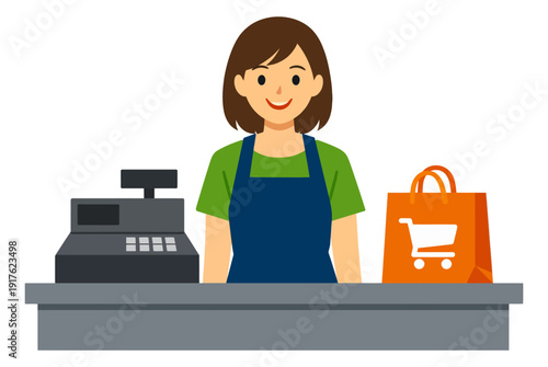 Flat design illustration of a female cashier depicting her smiling at a cash register for a retail store