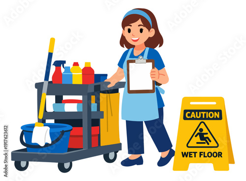 Cartoon illustration of a cleaning staff member depicting a janitor with a cleaning cart and wet floor sign for commercial services