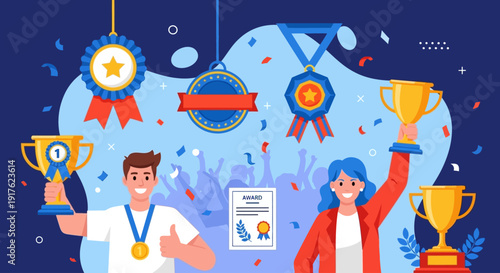 Celebrating achievement with trophies and medals in a vibrant illustration of success and recognition