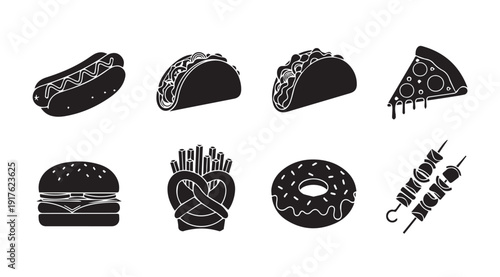 Fast Food Icons Set: Burger, Hotdog, Taco, Pizza, Donut, Fries, Skewers