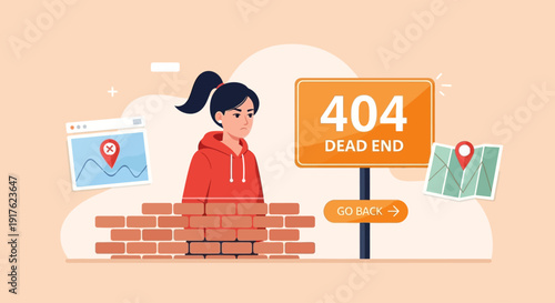 A young woman stands against a brick wall with a sign indicating a dead end and error 404, surrounded by navigation icons and maps