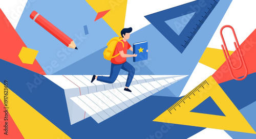 A young student runs up a giant notepad surrounded by oversized stationery and geometric shapes in a vibrant, abstract illustration.
