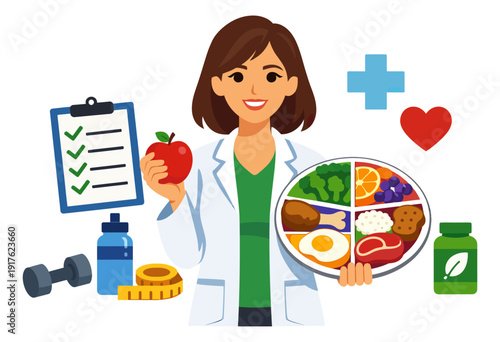 Flat vector nutrition set featuring a female nutritionist, healthy food plate, and fitness elements for a balanced lifestyle