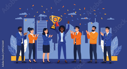 Diverse group celebrating success with trophy in corporate setting