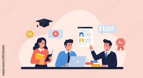 Professionals collaborating on a project with digital media and documents in a modern workspace