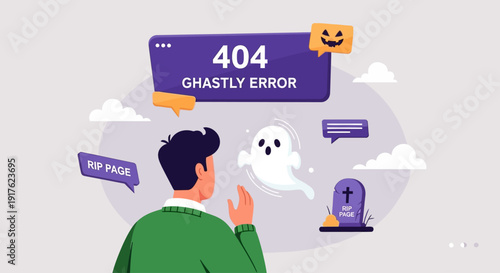 A man experiences a 404 error with ghostly apparition appearing around him in a digital space