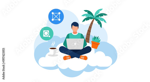 Man meditating on cloud with laptop and coffee cup surrounded by palm tree and icons in serene environment
