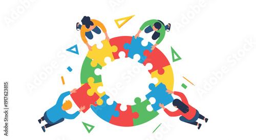 Diverse individuals forming a unity circle with puzzle pieces in a collaborative effort, promoting teamwork and cooperation