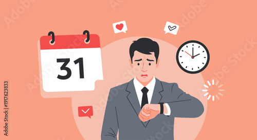 Man in gray suit checking watch near calendar with deadline on last day of month