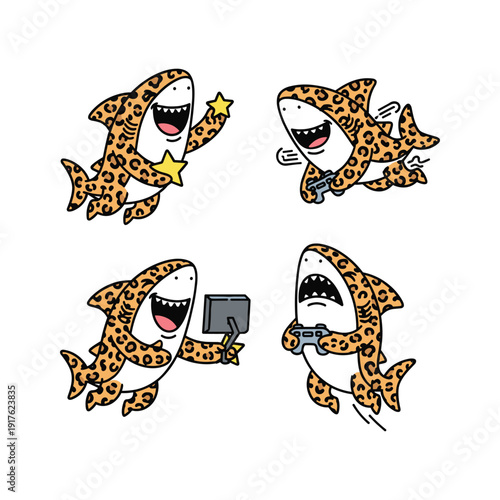 Cartoon leopard sharks with different emotions and actions in a fun and playful style