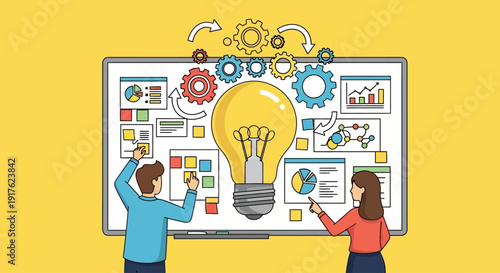 Two individuals collaborating on a creative project with a large lightbulb and various charts on a whiteboard, illustrating brainstorming and idea generation from a frontal viewpoint.