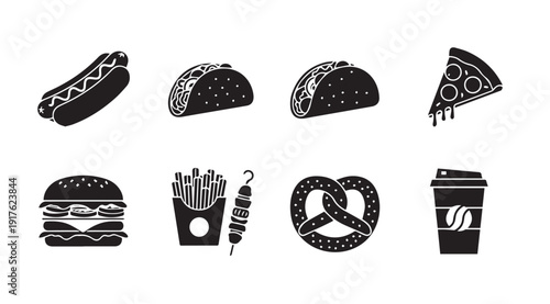 Fast Food Icons Set: Hamburger, Hot Dog, Tacos, Pizza, Fries, Skewer, Pretzel, Coffee Cup