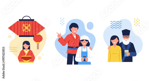 Illustrations of traditional clothing and cultural heritage scenes depicted in a modern flat design style from a frontal viewpoint