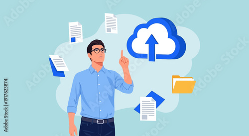Man uploading files to cloud storage with documents and folders floating around him in a digital illustration