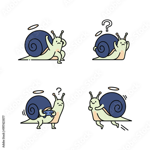 Cartoon snail with halo expressing emotions on white background