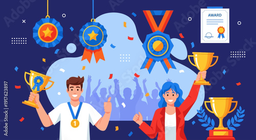Triumphant duo celebrating achievements with trophies and medals in a festive atmosphere surrounded by confetti and certificates