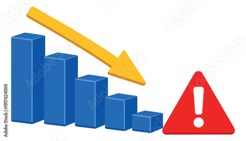 Graphic illustration of a falling bar chart depicting economic decline and a warning for financial alerts