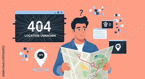 Man with confused expression holding map and standing near large 404 error screen displaying location unknown