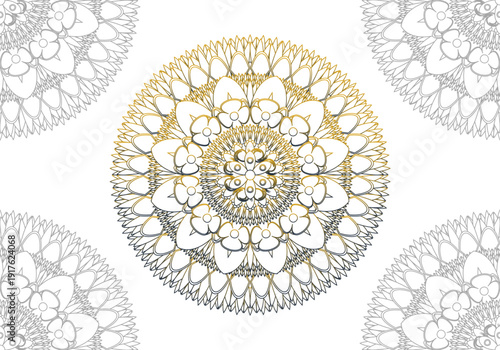 Gradient gold mandala background with floral pattern.