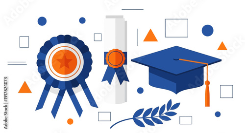 Celebrating Academic Achievement with Graduation Cap, Certificates, and Awards on a White Background from a Front View