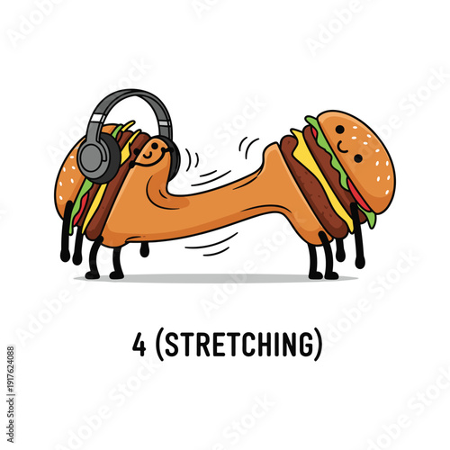 Stretching hot dog character exercising with headphones on a white background