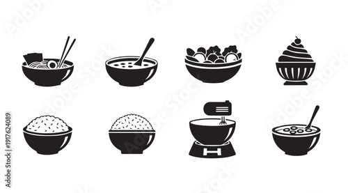 Food Bowls Icons Set: Soup, Rice, Salad, Cupcake, Mixer, Cereal - Vector Graphics