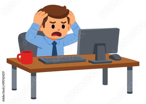 Cartoon illustration of a businessman depicting stress and frustration at his desk for business and workplace issues