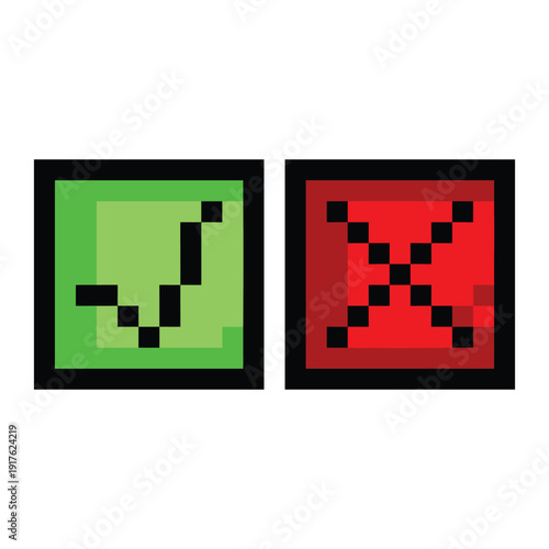 Check and X icon pixel art illustration isolated on square white background.
