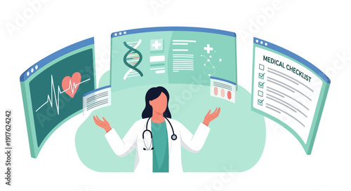 Medical professional interacting with digital health records and medical data on virtual screens from a front viewpoint