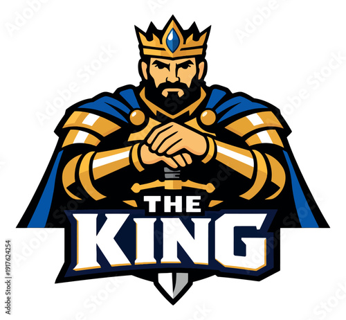 Bold graphic illustration of a regal king depicting a powerful figure holding a sword for branding and mascot design