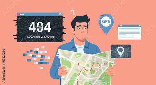 Man holding a map and looking confused with a 404 location error screen and GPS symbols around him