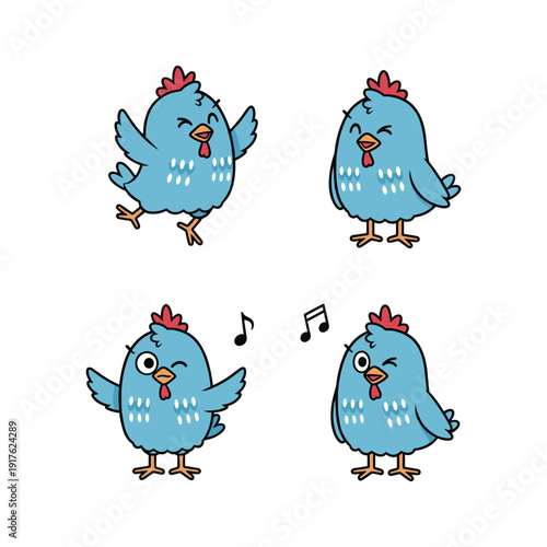 Cartoon blue chickens dancing and singing with joyful expression