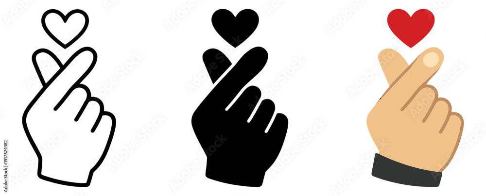Fototapeta premium Graphic korean finger heart icon set featuring outline, solid, and emoji variations for expressing love and appreciation