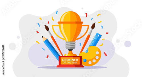 Award winning graphic designer trophy with creative tools and colorful confetti celebrating artistic achievement