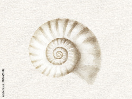 Sepia watercolor rendering of a spiraled mollusk shell against a textured beige background