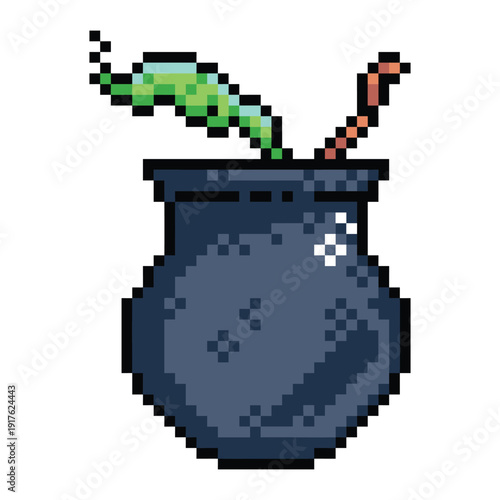 Magic potion wizard cooking pot with green smoke pixel art illustration isolated on square white background.