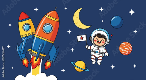 Cartoon astronaut floating in space with rocket, planets, and stars visible in the galaxy from a distant viewpoint