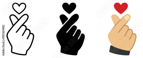 Graphic korean finger heart icon set featuring outline, solid, and emoji variations for expressing love and appreciation