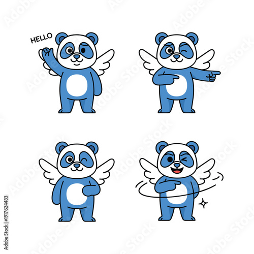 Cartoon panda bear with wings in various poses on white background