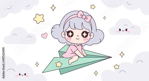 A smiling cartoon girl with gray hair flying on a green paper airplane surrounded by clouds and stars