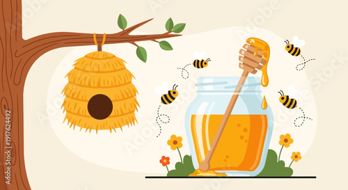 Bees swarm around a honeycomb on a tree branch near a jar filled with honey and a honey dipper